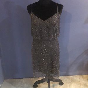 Adrianna Papell Dusty Blue Sequin Blouson Dress